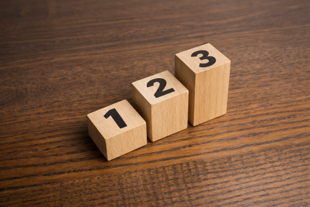 Houten blokken met 1, 2 en 3: de drie niveaus van AI automatisering van basis naar autonomie.